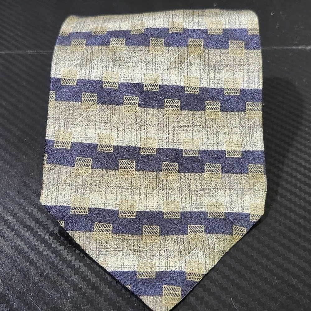 Vintage Kolte Blue & Gold Geometric Pattern 100% Silk Tie